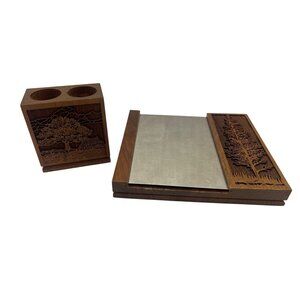 Vintage Lasercraft Solid Walnut Laser Tree Desk Notepad & Pen Holder Set